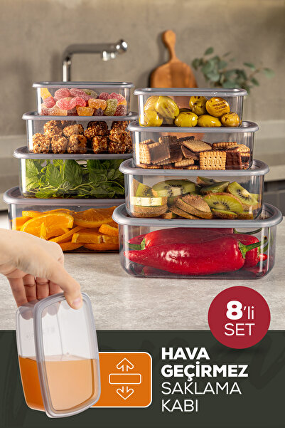 Evlinya 8'li Hava Geçirmez Saklama Kabı Seti Antrasit 2x(250-500-750-1200 ML)