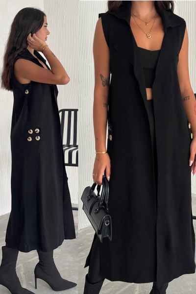 FEMELLE Women's Black Standard Size Button Detailed Long Knitwear Vest