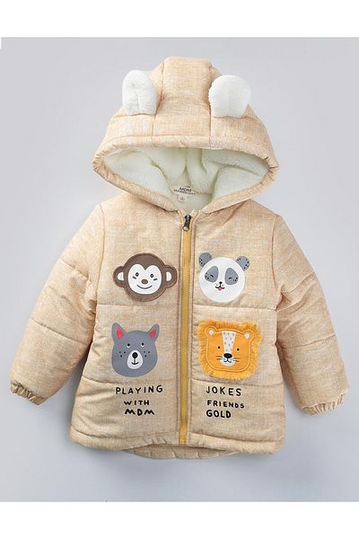MDM New Animal Patterned Plush Coat for Baby Boy - Winter with Ears, Zipper and Hood