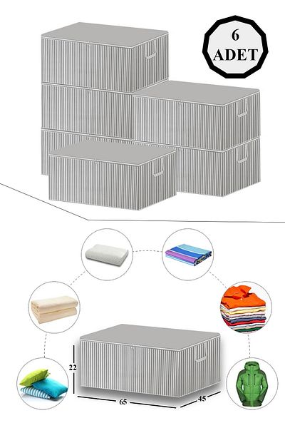 ADARYA HOME 6 Pieces Gray Striped Base Type Storage Bag - Large Size Storage 65X45X22 cm