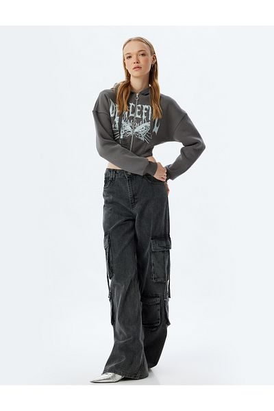 Koton Printed Crop Sweatshirt - Zippered Hood, Corset Detailed Slim Fit Hooded