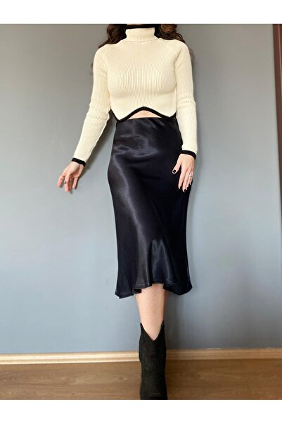 KaSheHa Oniks Saten Kumaş Beli Lastikli Uzun Çan Etek 91 Cm