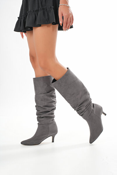 brawerlife Midnight Жіночі/Дівчачі Сірі Короткі Чоботи на Каблуках із Загостреним Носком та Деталями із Замші