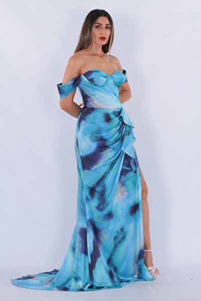 aşkın göksu Blue Side Gather Low Sleeve Women's Evening Dress - Deep Slit