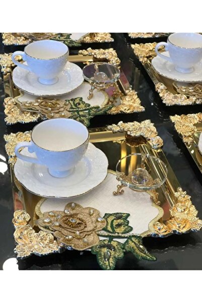 LOKMAN ZÜCCACİYE 3'lü Komple Gold 18/10 Gül Motifli Çelik Kahve Sunum Tepsisi