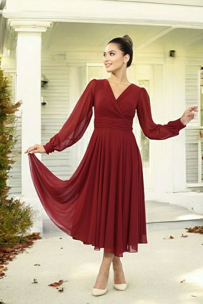 FaBe Fashion Long Sleeve Covered Back Double Breasted Collar Midi Chiffon Dress