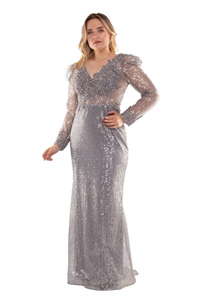 JUZENNA 22403 Büyük Beden Petek Desen Payet İşli Uzunkol Abiye