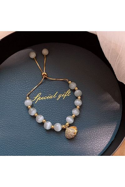 Tesbihane Design Oyster with Pearls Gold Color Selenite Natural Stone Women's Bracelet