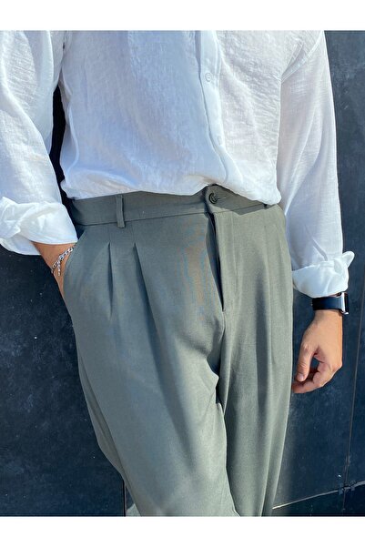 bonnline HAKİ BEZ AYAĞI KUMAŞ BEL LASTİKLİ BAGGY PANTOLON