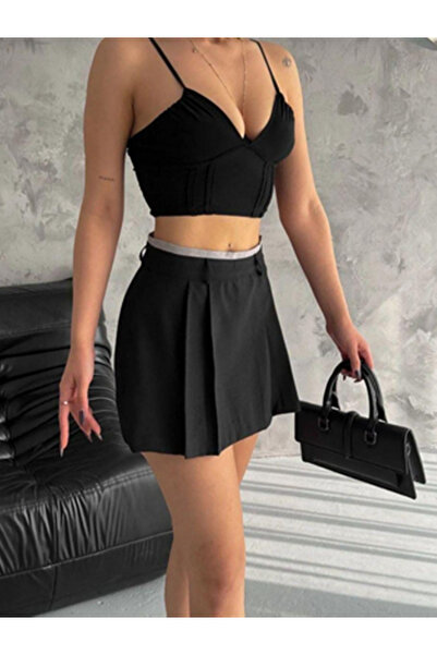 MaSoMi Siyah Pileli Mini Şort Etek