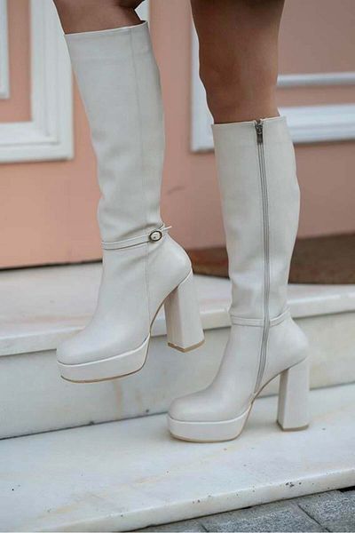 sovrana Platform Heeled Long Boots Beige
