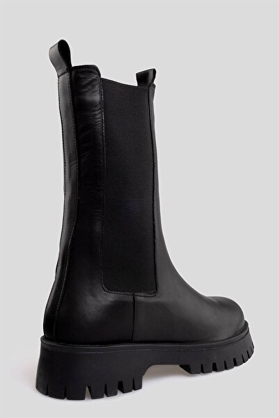 sovrana Uzun Gerçek Deri Lastik Detaylı Bot Siyah