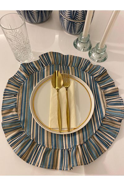 eyma home Duck Linen Striped Frilly Charger Set 6 Pieces
