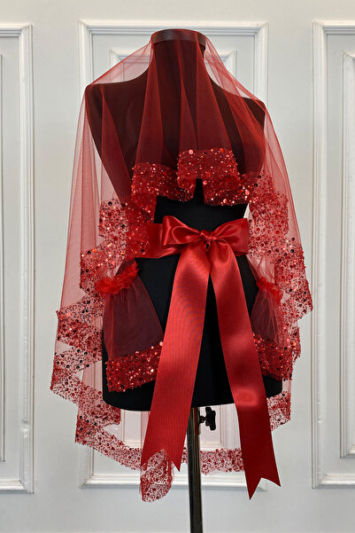 ZEYMERADE Kırmızı Geniş Pullu Ve İncili Gelin Duvak Seti, Kına Gecesi Örtüsü 6 Parça