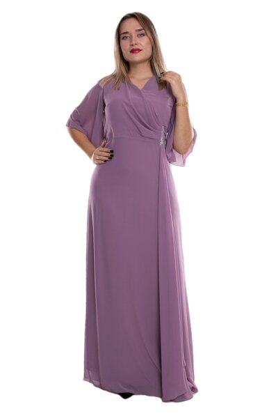 LİLAS XXL 9407 Büyük Beden Mendil Kol Beli Drape Broşlu Uzun Elbise