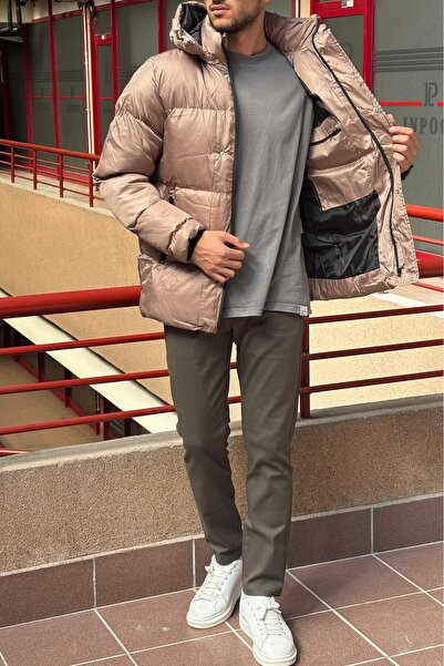 inpool Ανδρικό χειμωνιάτικο παλτό με αποσπώμενη κουκούλα με λεπτομέρεια