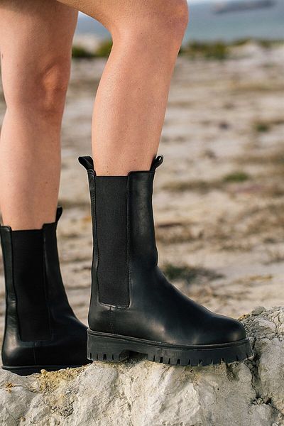 sovrana Long Genuine Leather Rubber Detailed Boots Black