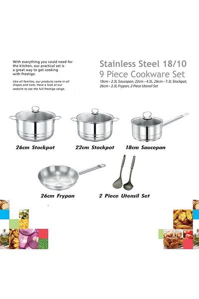 Prestige Stainless Steel 9Pc Cookware |saucepan and Casserole with Glass Lid - Silver