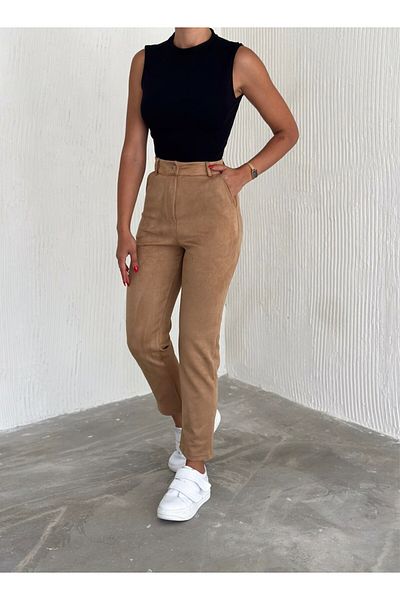 winmoda Γυναικείο καστόρι ψηλόμεσο καρότο παντελόνι / γυναικείο σουέτ ψηλόμεσο παντελόνι