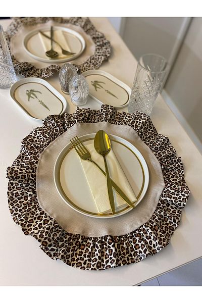 eyma home 100% βαμβακερό λεοπάρ βολάν μπεζ σετ σερβιρίσματος 6 τεμαχίων