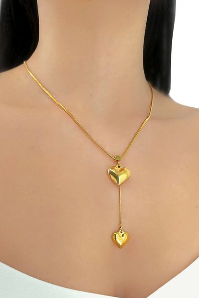 Çlk Accessories قلادة سلسلة فولاذية - تصميم قلبين على شكل ثعبان