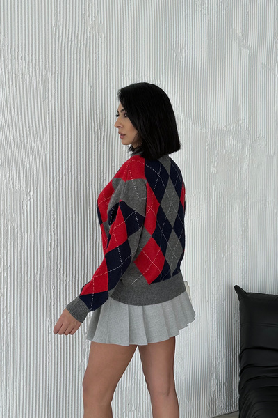 Ortaya Çık Red Polo Collar Diamond Patterned Knitwear Sweater