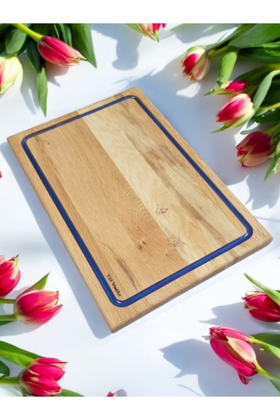 F&S WoodArt Meşe Ağacı 39 Cm Mavi Epoksi Dolgu Oluklu Kesme Tahtası Sunumluk