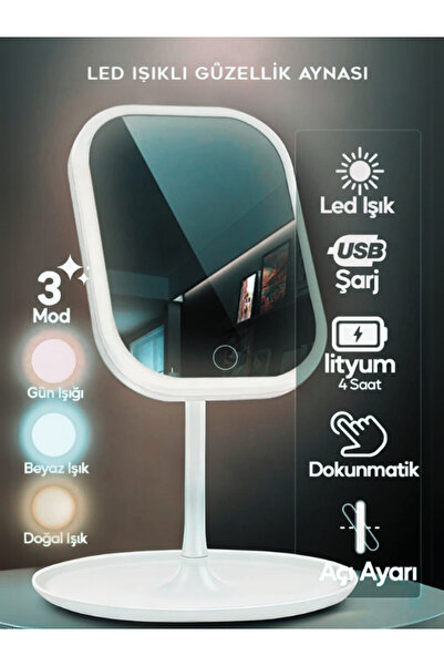 Unichrome Led Işıklı Makyaj Aynası 3 Modlu Usb Şarjlı Dikdörtgen Taşınabilir Açı Ayarlı Güzellik Ayna