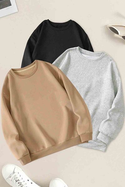uyguntarz Φούτερ 3 Συσκευασίας Μπεζ Γκρι Μαύρο Oversize