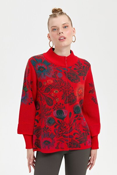 Desen Triko Colorful Flower Patterned Women's Wool Jacket with Stand Collar - Coral