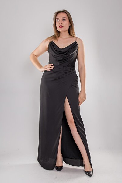 DORİDORCA 4116 Büyük Beden Taş Askı Şal Yaka Saten Uzun Elbise