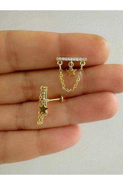 Arescollection 1 Piece Zircon Stone - Chained Flat Helix Lobe Cartilage Thinning Piercing Earrings