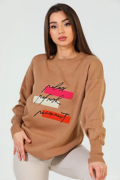GÜLSELİ Biscuit Women's Crew Neck Embroidered Loose Knitwear Sweater