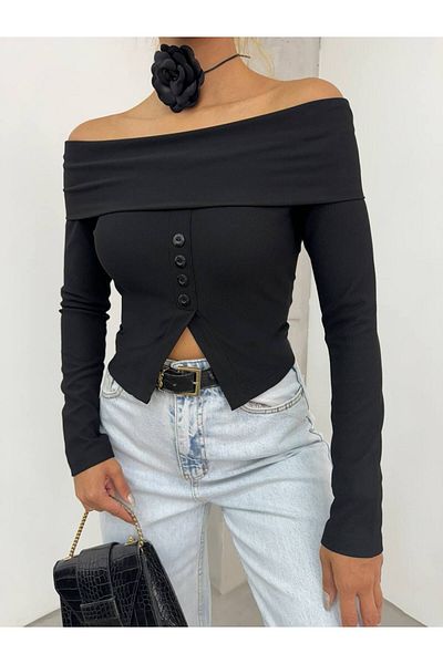Fav Style Γυναικεία μπλούζα με κουμπιά με λαιμόκοψη με λεπτομέρεια μακρυμάνικη μπλούζα μαύρη