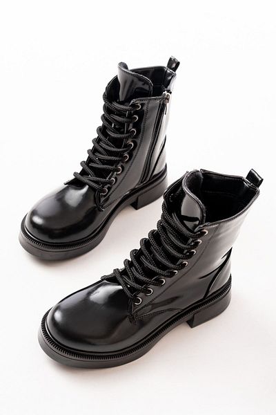 Moda Asmira 02-356 Black Patent Leather Flat Heeled Lace up Zippered Daily Women's Boots