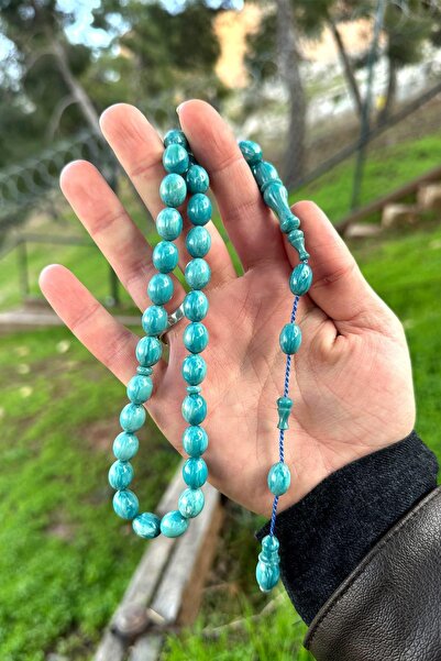 TESBİHKENTİ Mărgele de rugăciune de chihlimbar presat verde apă marmorată