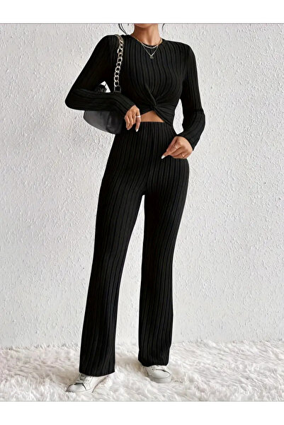 Wild Flower Fekete, hosszú ujjú, kerek nyakú, magas derekú elülső csavaros alsó felső szett