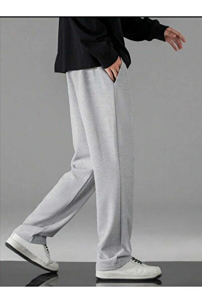 yg ydn giyim بنطال رياضي رمادي فضفاض ذو ساق مستقيمة وخصر مطاطي وجيب جانبي