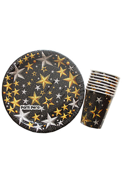 parti pera Yıldız Desenli Doğum Günü Siyah Karton Tabak Bardak 8'li Set