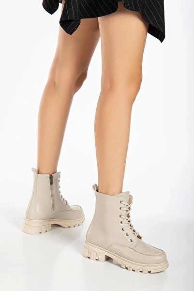 GULT Μπεζ Γυναικείες Μπότες - Χοντρή σόλα και μπροστινή ραφή