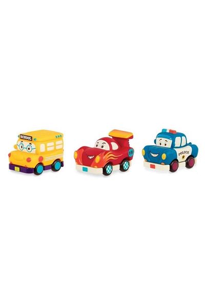 Toys ب. مجموعة من 3 سيارات صغيرة قابلة للسحب - حافلة مدرسية/سيارة سباق/شرطة