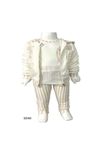 Aziz Bebe Beige Cloud Patterned Baby Top and Bottom 3-Piece Cardigan Set Size 3 Months - 36 Months