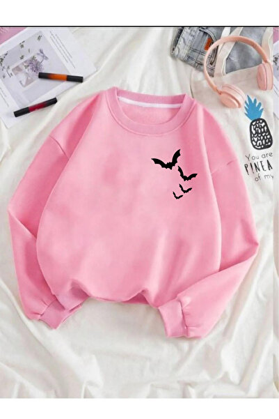 PALPİTO سويت شيرت نسائي كبير الحجم برقبة دائرية وطبعة خفافيش وردية