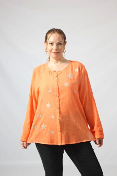 Moda Berray 3294 Turuncu Yıldız Baskılı Organik Keten Kumaş Mevsimlik Gömlek