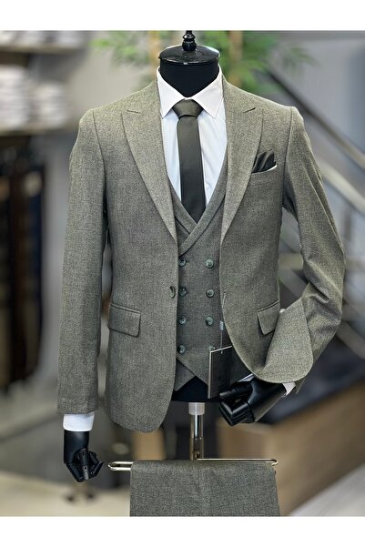 SAVARA Open Khaki Slimfit with Vest Dobby Men's Suit