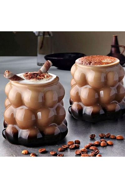 MİS KİTCHEN 2 Pcs - Cold, Hot Coffee Presentation Cup with Glass Straw Grape Grain Cup 300 ml