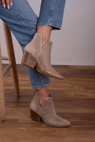 sovrana Laser Cut Summer Boots with Back Zipper Detail Beige