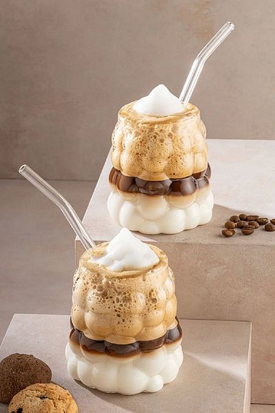 MİS KİTCHEN 6 Pcs - 300 ml Cold and Hot Coffee Glass, Grape Grain with Glass Straw