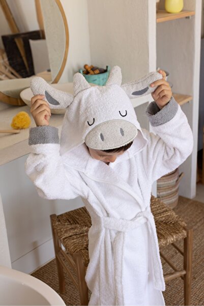 zenginhome 100% Cotton Hooded Children's Bathrobe with Ears and Animal Figure - Cow