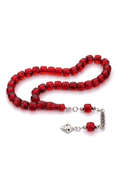 TESBİHKENTİ Küçük Boy Kırmızı Renk Çay Fosilli Toz Kehribar Tesbih